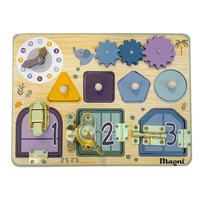 Tableau d’éveil Montessori verrous et engrenages Magni