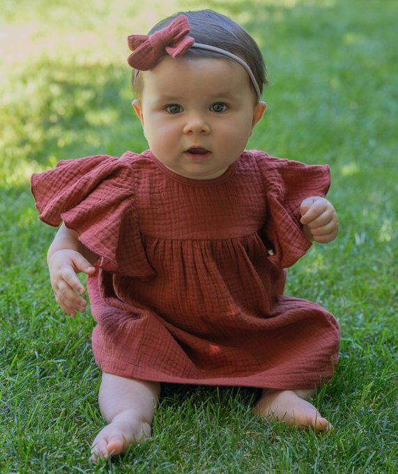 Robe bébé fille et son bandeau BB&CO gaze coton tomette