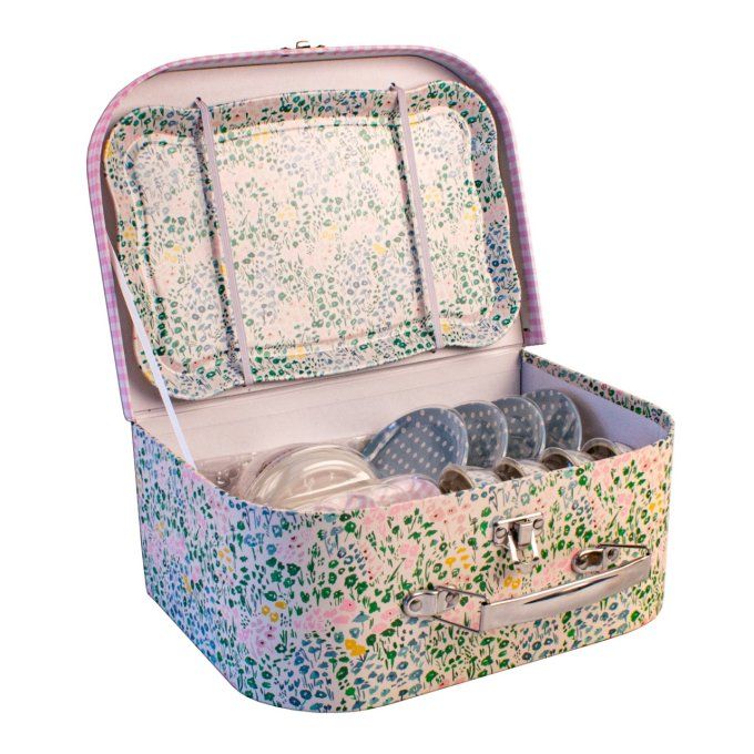 Valise dinette enfant service à thé métal Vichy/Fleuri